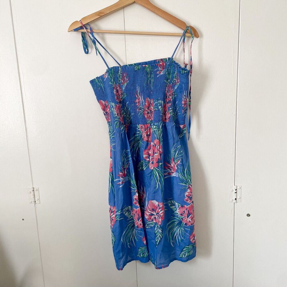 Tori Richard Blue Floral Hawaiian Mini Dress with Pink & Green Print, Size Small